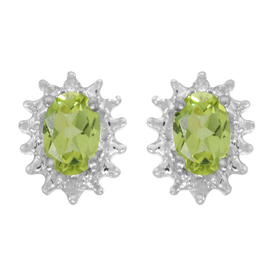 14k White Gold Oval Peridot And Diamond Earrings