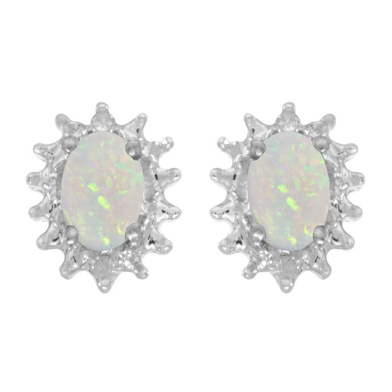 14k White Gold Oval Opal And Diamond Earrings
