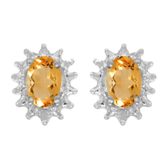 14k White Gold Oval Citrine And Diamond Earrings