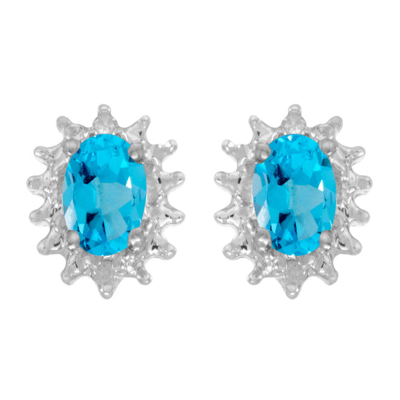 14k White Gold Oval Blue Topaz And Diamond Earrings