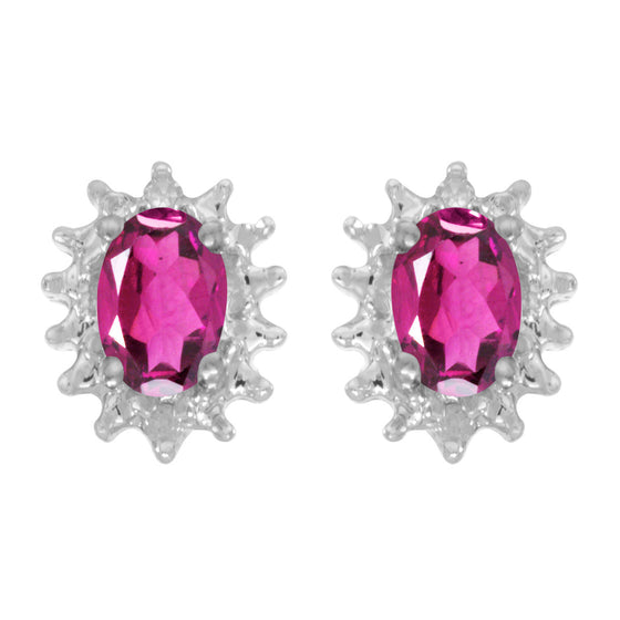 14k White Gold Oval Pink Topaz And Diamond Earrings