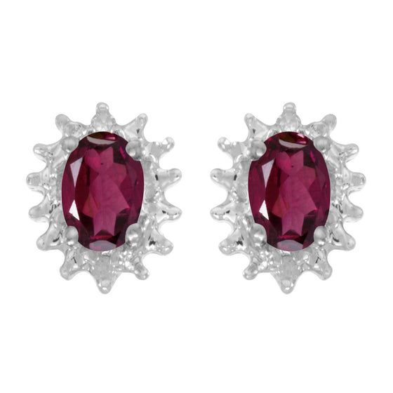 14k White Gold Oval Rhodolite Garnet And Diamond Earrings