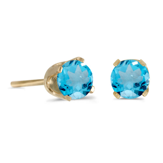 14k Yellow Gold Round Blue Topaz Stud Earrings