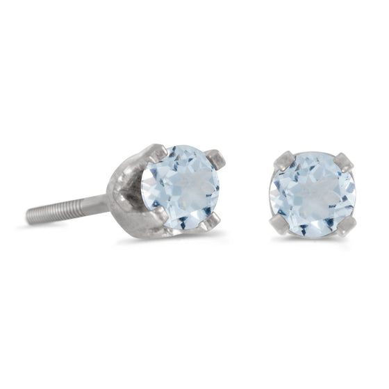 14k White Gold Round Aquamarine Screw-back Stud Earrings