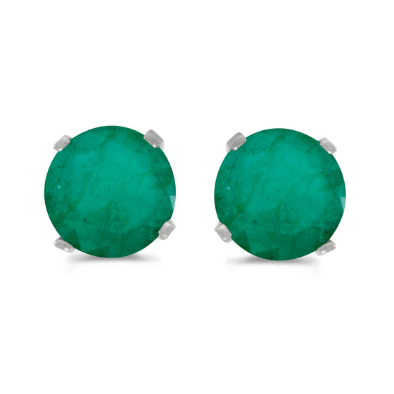 14k White Gold Round Emerald Stud Earrings