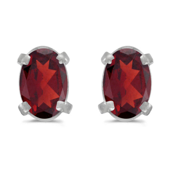 14k White Gold Oval Garnet Earrings