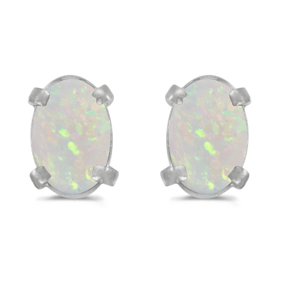 14k White Gold Oval Opal Earrings