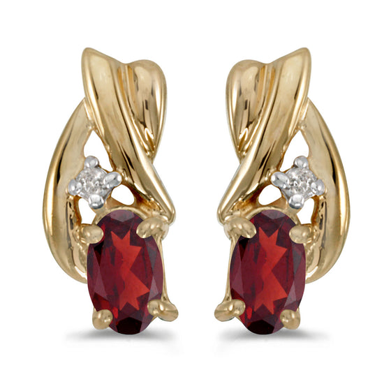 14k Yellow Gold Oval Garnet And Diamond Earrings
