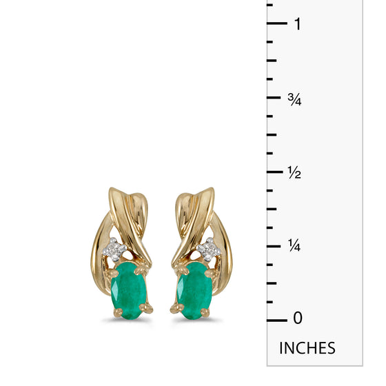 14k Yellow Gold Oval Emerald And Diamond Earrings