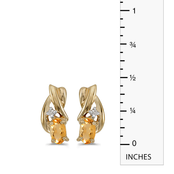 14k Yellow Gold Oval Citrine And Diamond Earrings