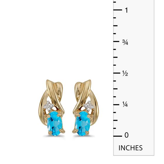 14k Yellow Gold Oval Blue Topaz And Diamond Earrings