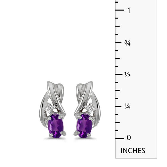 14k White Gold Oval Amethyst And Diamond Earrings