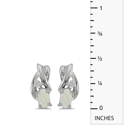 14k White Gold Oval Opal And Diamond Earrings