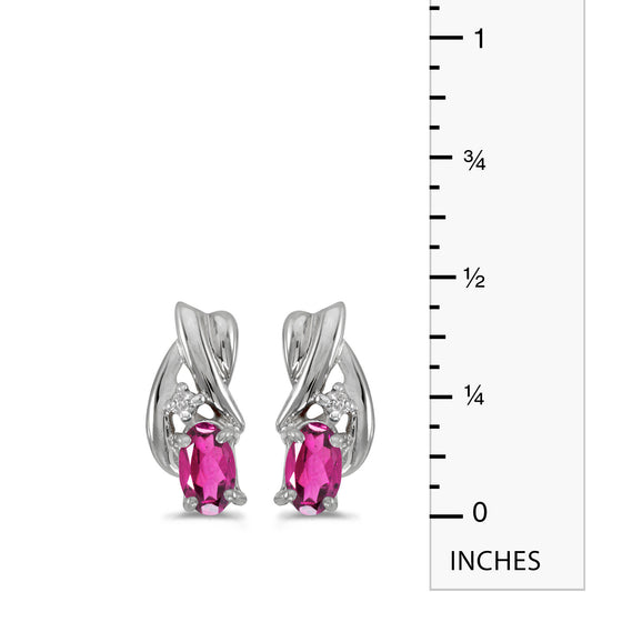 14k White Gold Oval Pink Topaz And Diamond Earrings