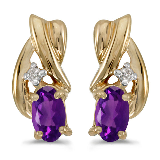 14k Yellow Gold Oval Amethyst And Diamond Earrings