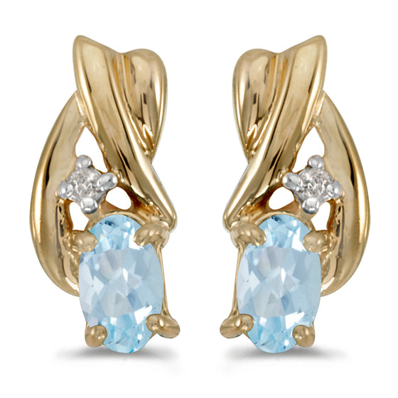 14k Yellow Gold Oval Aquamarine And Diamond Earrings