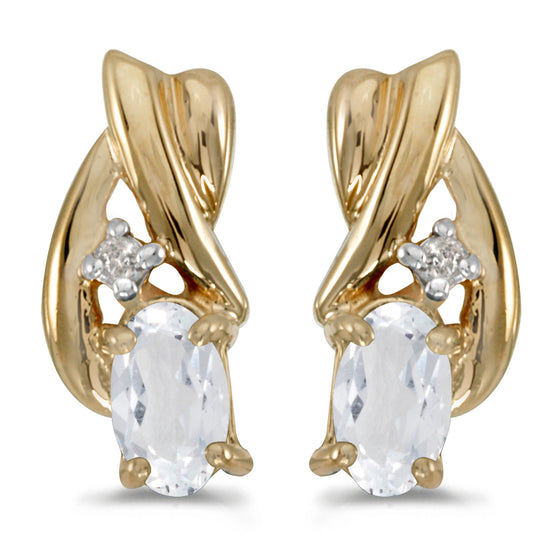 14k Yellow Gold Oval White Topaz And Diamond Earrings