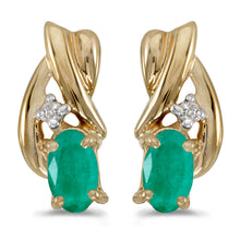  14k Yellow Gold Oval Emerald And Diamond Earrings