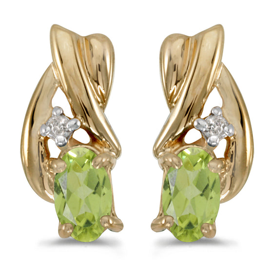 14k Yellow Gold Oval Peridot And Diamond Earrings