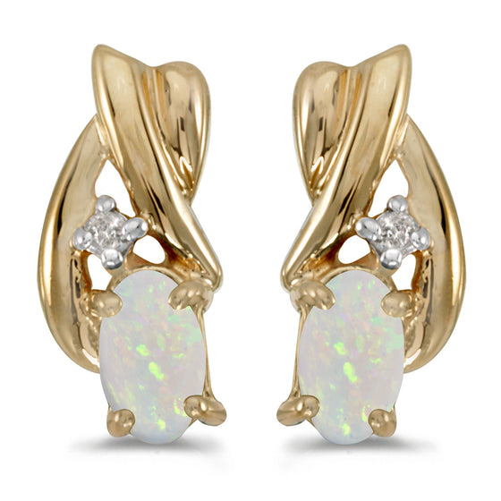 14k Yellow Gold Oval Opal And Diamond Earrings