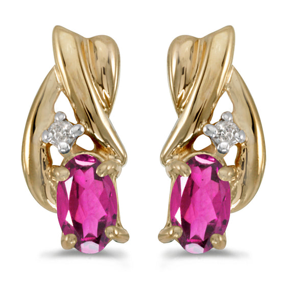 14k Yellow Gold Oval Pink Topaz And Diamond Earrings