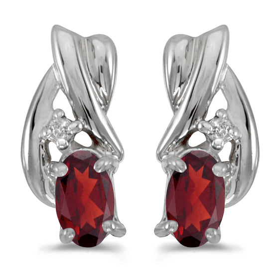 14k White Gold Oval Garnet And Diamond Earrings