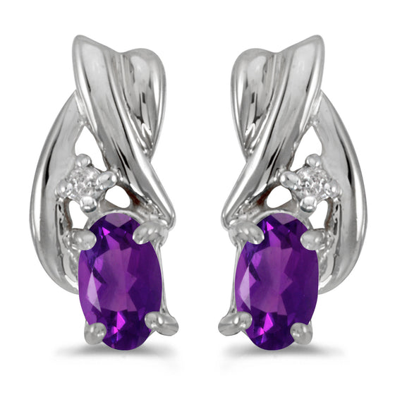 14k White Gold Oval Amethyst And Diamond Earrings