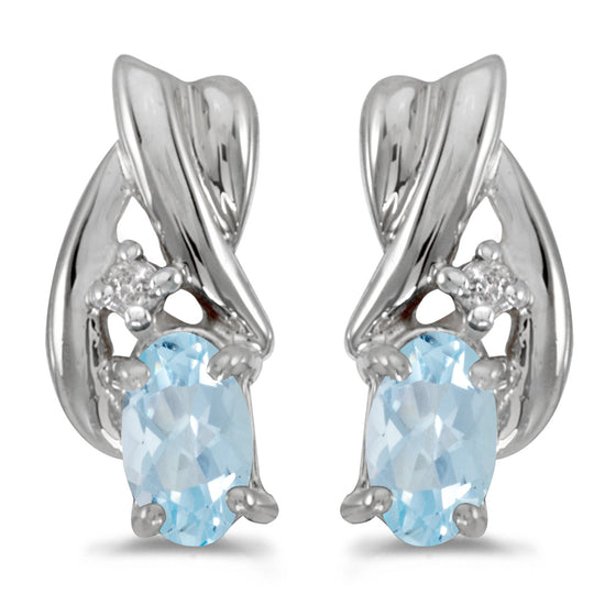14k White Gold Oval Aquamarine And Diamond Earrings