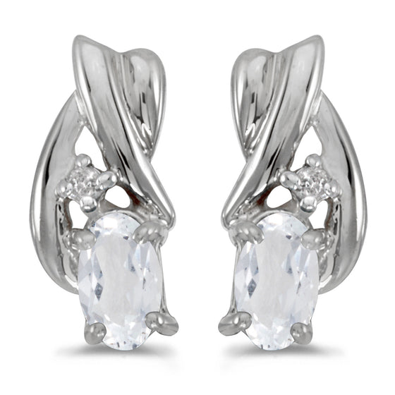 14k White Gold Oval White Topaz And Diamond Earrings