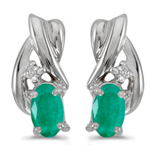  14k White Gold Oval Emerald And Diamond Earrings