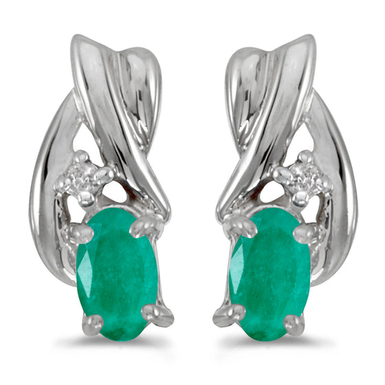 14k White Gold Oval Emerald And Diamond Earrings