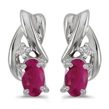  14k White Gold Oval Ruby And Diamond Earrings
