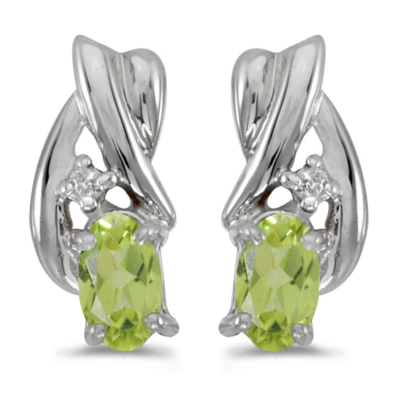14k White Gold Oval Peridot And Diamond Earrings