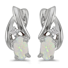  14k White Gold Oval Opal And Diamond Earrings