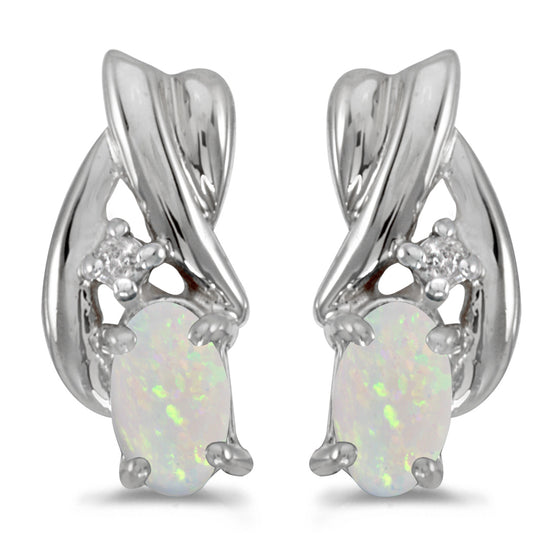 14k White Gold Oval Opal And Diamond Earrings