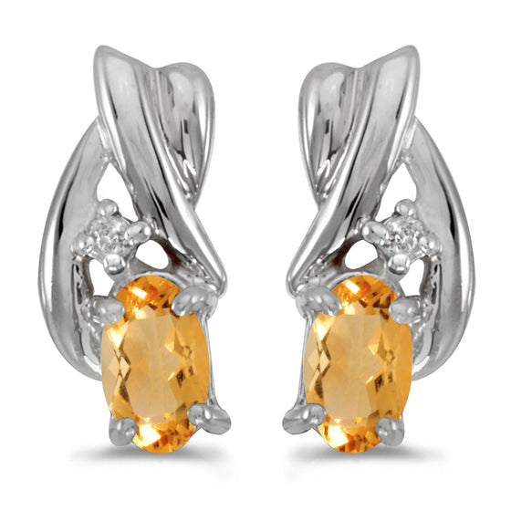 14k White Gold Oval Citrine And Diamond Earrings