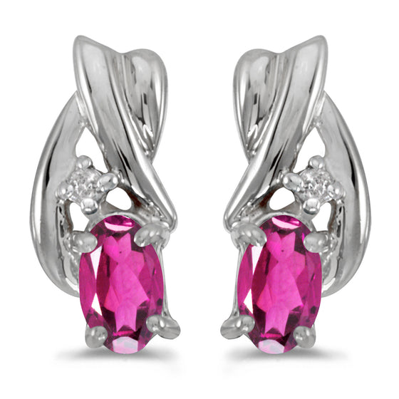 14k White Gold Oval Pink Topaz And Diamond Earrings