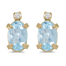  14k Yellow Gold Oval Aquamarine And Diamond Earrings