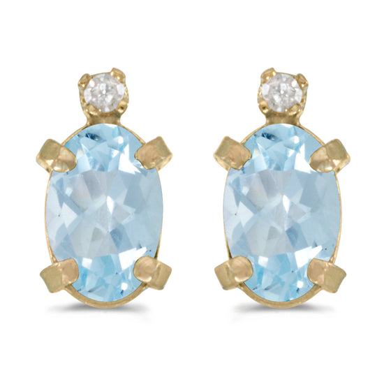 14k Yellow Gold Oval Aquamarine And Diamond Earrings