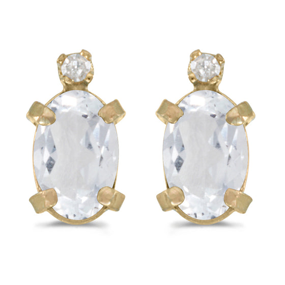 14k Yellow Gold Oval White Topaz And Diamond Earrings
