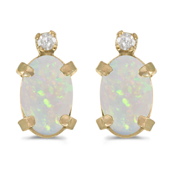 14k Yellow Gold Oval Opal And Diamond Earrings
