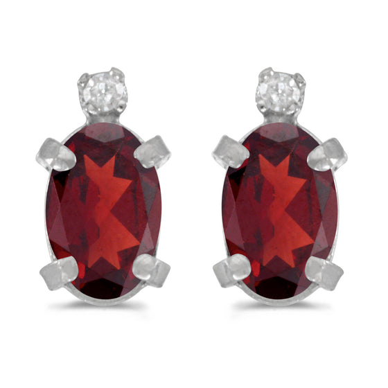 14k White Gold Oval Garnet And Diamond Earrings