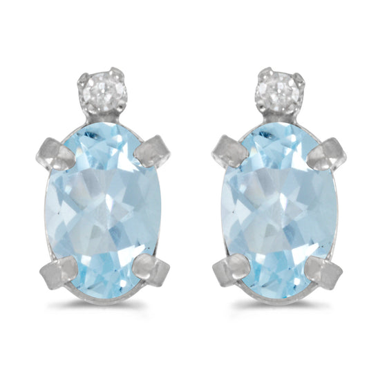14k White Gold Oval Aquamarine And Diamond Earrings