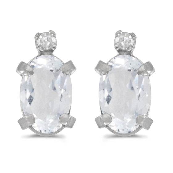 14k White Gold Oval White Topaz And Diamond Earrings