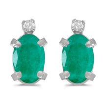  14k White Gold Oval Emerald And Diamond Earrings