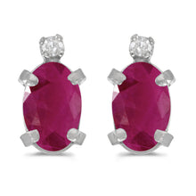  14k White Gold Oval Ruby And Diamond Earrings