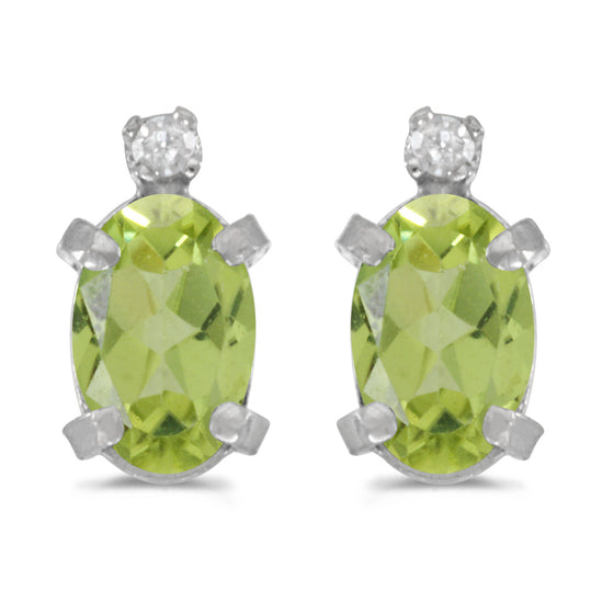 14k White Gold Oval Peridot And Diamond Earrings