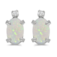  14k White Gold Oval Opal And Diamond Earrings