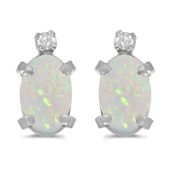 14k White Gold Oval Opal And Diamond Earrings