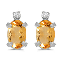  14k White Gold Oval Citrine And Diamond Earrings
